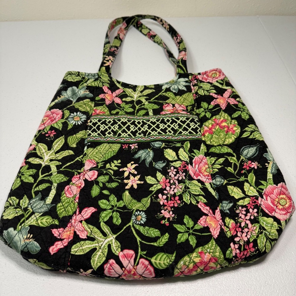 Vera Bradley Tote Bag Black Floral Print Quilted Cotton Shoulder Bag